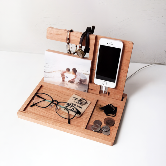 One item with four uses! A stylish wooden smartphone stand